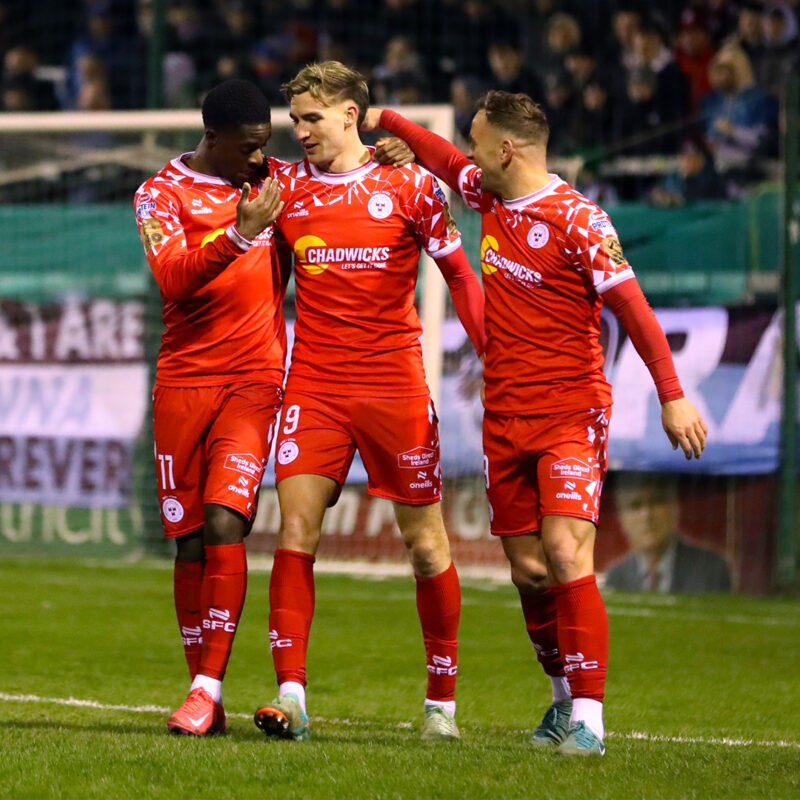 Shelbourne players wearing the shorts with the Sheds Direct Ireland logo on it