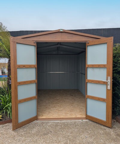 The 8ft x 12ft Premium Woodgrain Garden Shed with both doors open