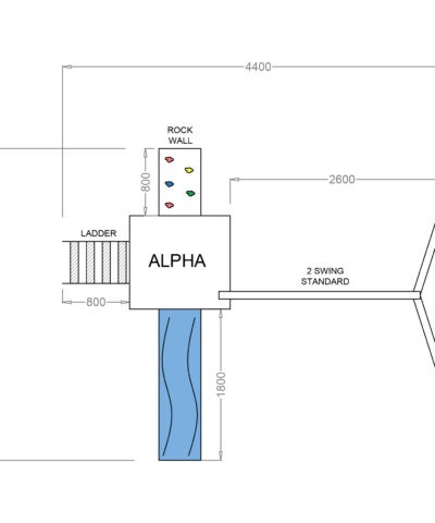 The Dimensions for the Alpha Gardenplay Playhouse. It includes the full footprint of the unit as well as details of the slide, swings set and ladder