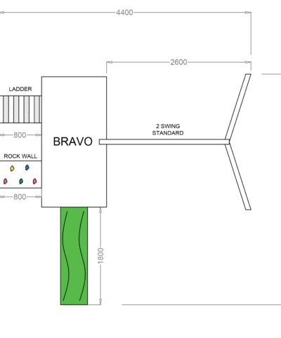 The Dimensions for the Bravo Gardenplay Playhouse. It includes the full footprint of the unit, as well as details of the slide, rock-wall, swings set and ladder.