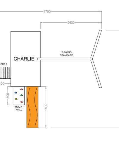 The Dimensions for the Charlie Gardenplay Playhouse. It includes the full footprint of the unit, as well as details of the slide, rock-wall, swings set and ladder.