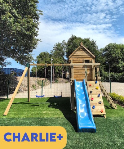 The Charlie+ playhouse with a blue slide
