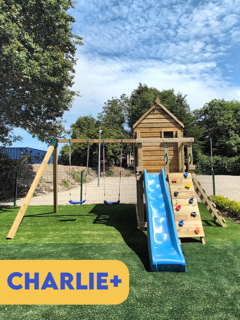 The Charlie+ playhouse with a blue slide