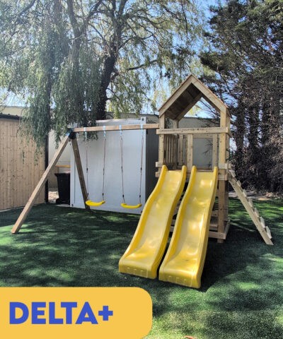 The Delta+ playhouse with a yellow slide