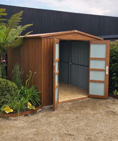 The 8ft x 12ft premium woodgrain shed with the doors open