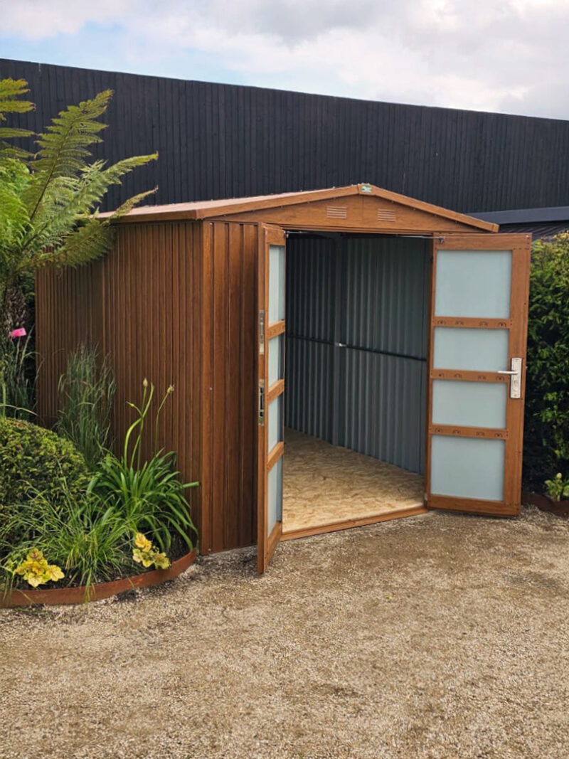 The 8ft x 12ft premium woodgrain shed with the doors open