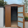 The woodgrain shed with one door open