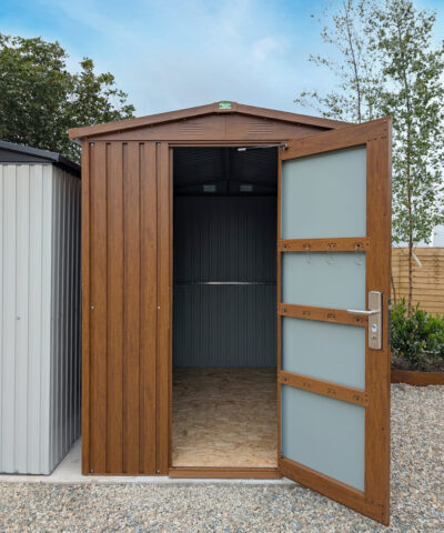The woodgrain shed with one door open