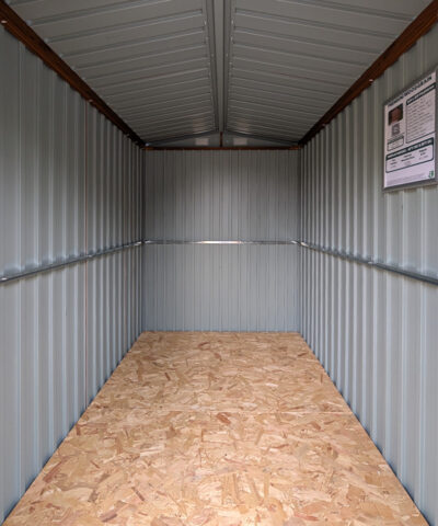 Interior view of the woodgrain shed, as seen from the door