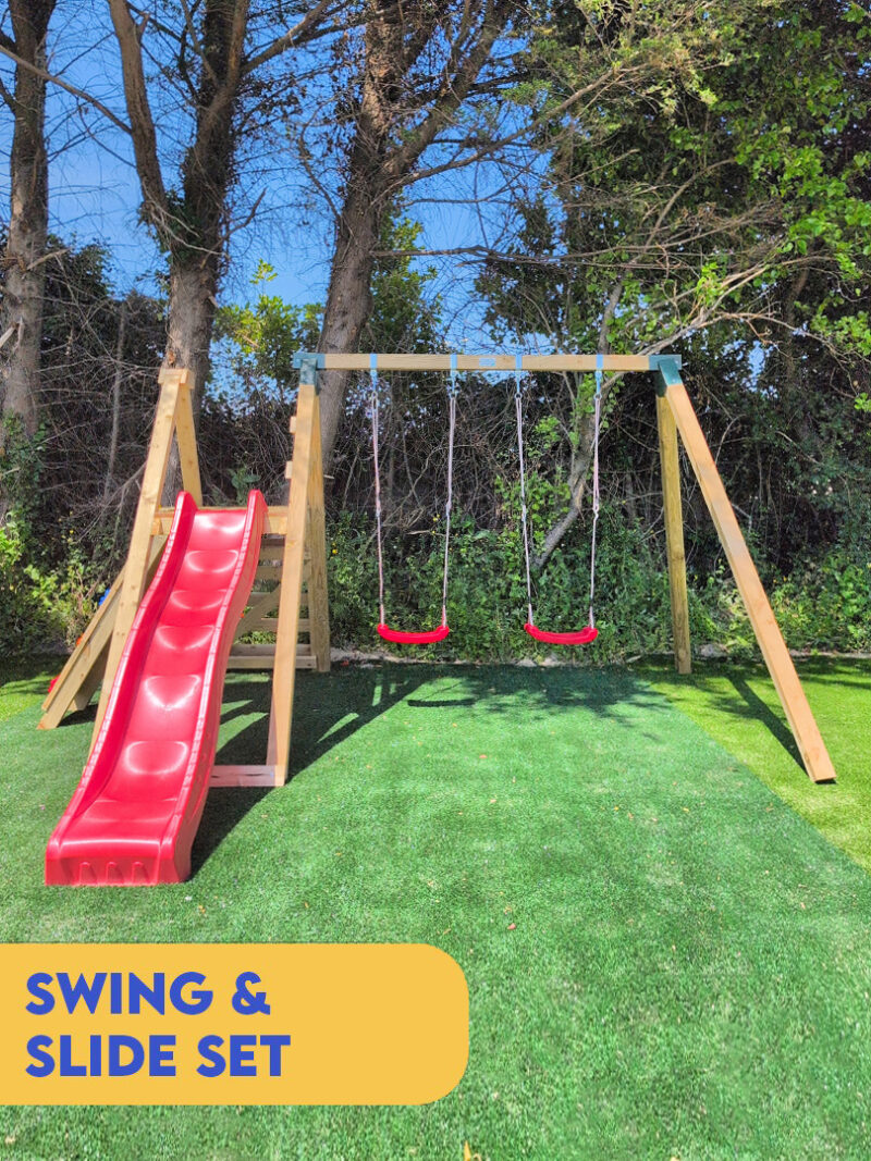 The swing and slide set with red accessories at the naas road showroom