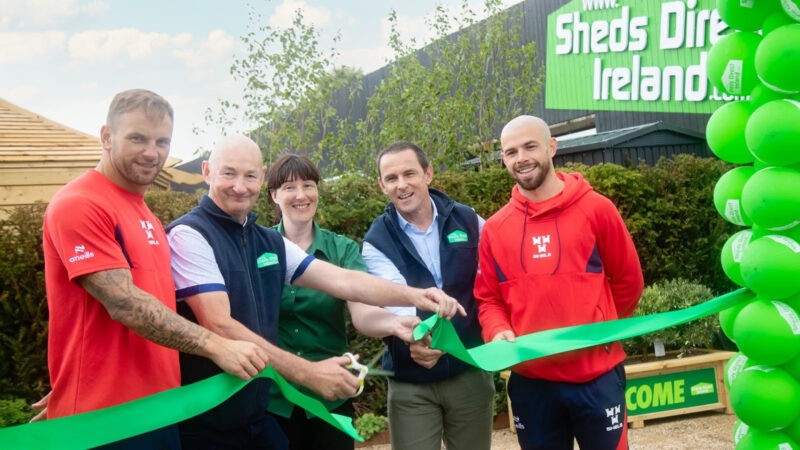 The Shelbourne Team cutting the ribbon on the opening day with Louise Alan and Patrick from Sheds Direct Ireland
