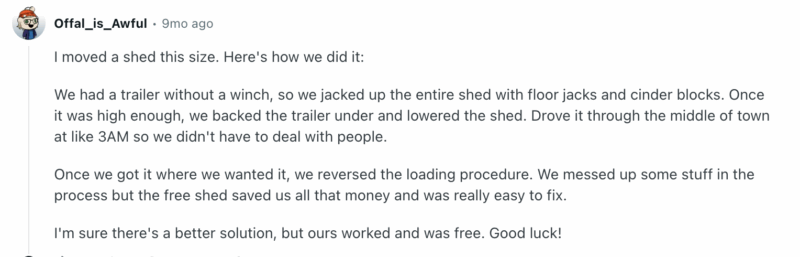 A reddit post detailing how to move a shed from one town to another
