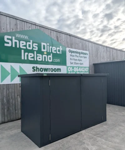 The Outdoor storage box on display outside the Sheds Direct Ireland showroom