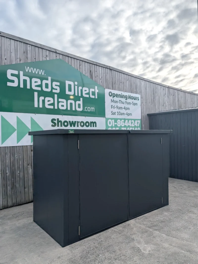 The Outdoor storage box on display outside the Sheds Direct Ireland showroom