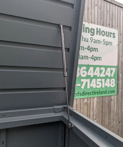 The gas-assist hinge on the top-opening of the outdoor storage box