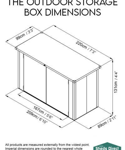 A diagram showing all the dimensions of the Outdoor storage box