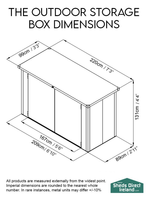 A diagram showing all the dimensions of the Outdoor storage box
