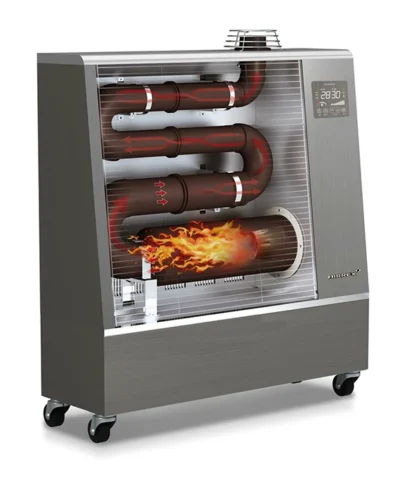 Diagram showing how the heater works with combustion at the bottom, heat moving through the tubes and a spout at the top