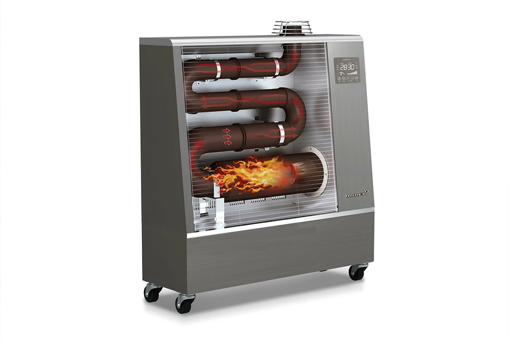 Diagram showing how the heater works with combustion at the bottom, heat moving through the tubes and a spout at the top