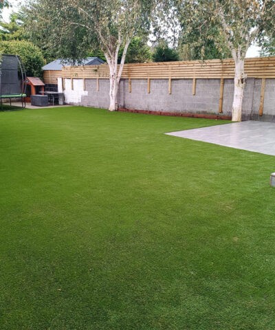 A Dublin garden of artificial grass with a trampoline and shed on it