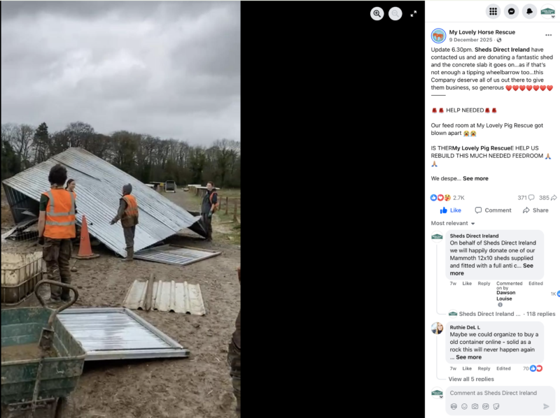 A screenshot showing the damaged bard at My Lovely Horse rescue alongside Sheds Direct Ireland's response to it