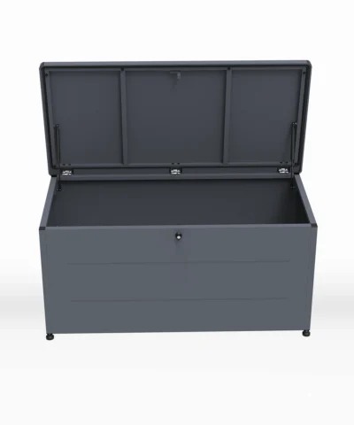 Top-down view of the storage box, with the hinge open