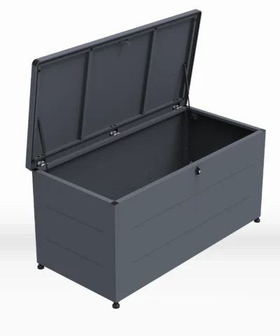The 480L storage box with lid open, showing the space available