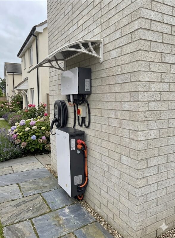 A door canopy acting as a cover for a solar inverter on the side of an Irish home
