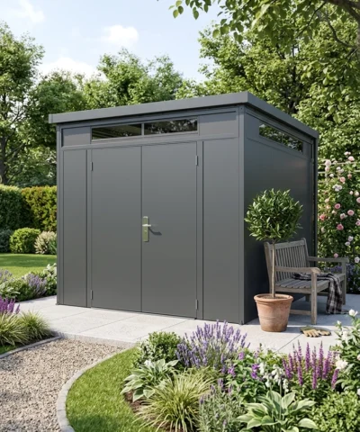 The Premium Panoramic shed in a beautiful garden
