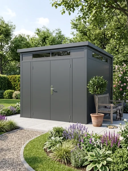 The Premium Panoramic shed in a beautiful garden
