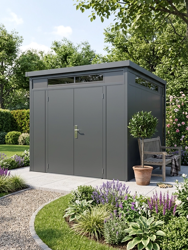 The Premium Panoramic shed in a beautiful garden