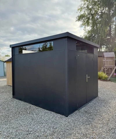 A side view of the Premium Panoramic Shed on the grounds of the Sheds Direct Ireland Naas Road Branch