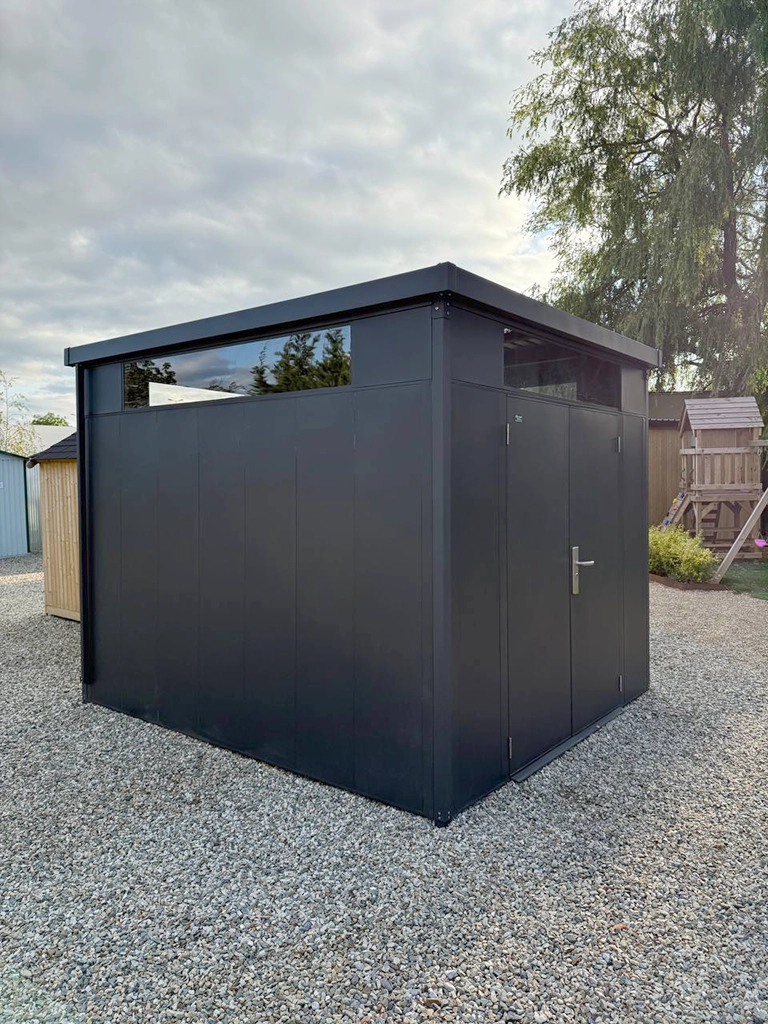 A side view of the Premium Panoramic Shed on the grounds of the Sheds Direct Ireland Naas Road Branch