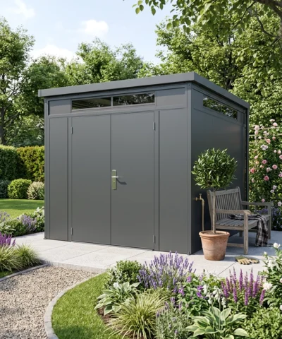The Premium Panoramic shed in a beautiful garden
