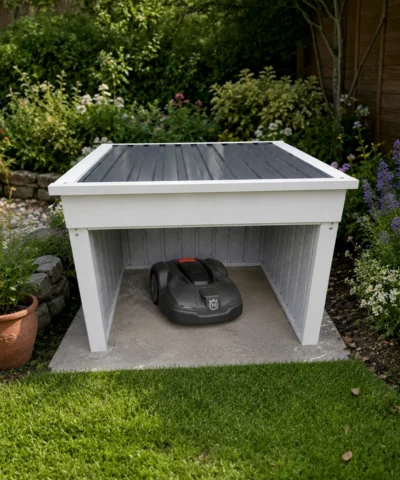 The Robotic lawnmower shed with a robot lawnmower inside it and seen from above