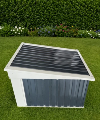 The side view of the Robotic lawnmower shed in a freshly cut garden