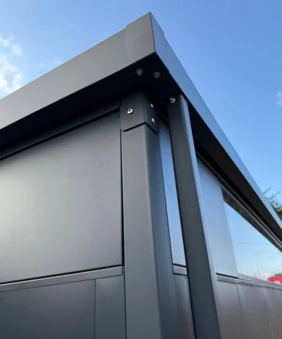 A detailed shot of the external corner piece of the roof on the Premium Panoramic Shed