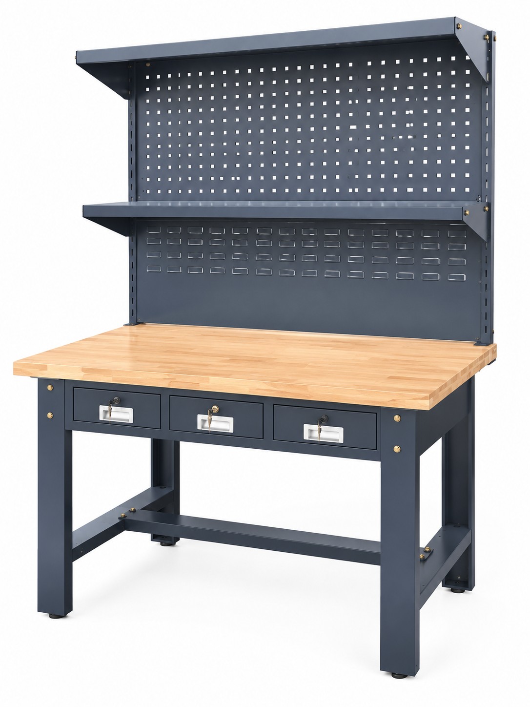 Heavy Duty steel workbench with solid worktop, three lockble drawers, adjustable shelves, peg board and LED light Sheds Direct Ireland