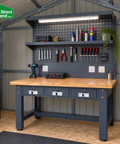 Heavy Duty workshop workbench displayed inside a Sheds Direct Ireland steel shed