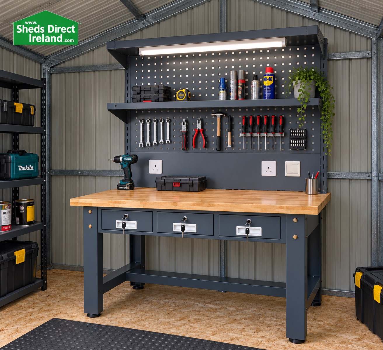 Heavy Duty workshop workbench displayed inside a Sheds Direct Ireland steel shed