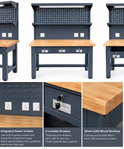 Heavy Duty Durable Steel workbench showing smallerr images of electrical sockets, solid worktop, lockable drawers and led light