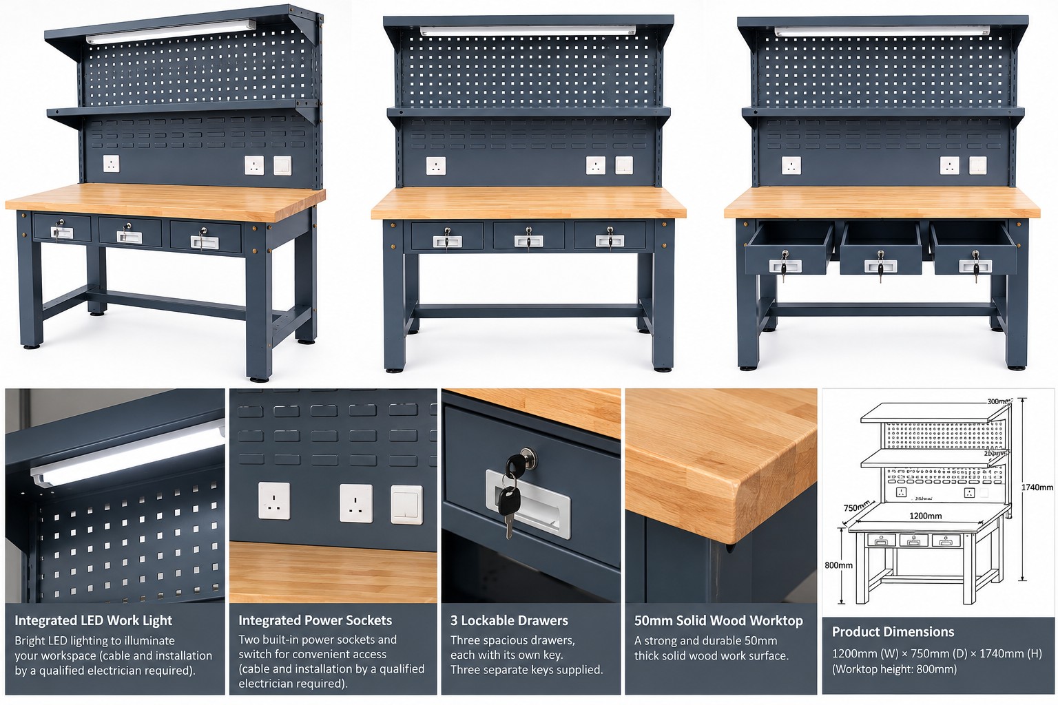 Heavy Duty Durable Steel workbench showing smallerr images of electrical sockets, solid worktop, lockable drawers and led light