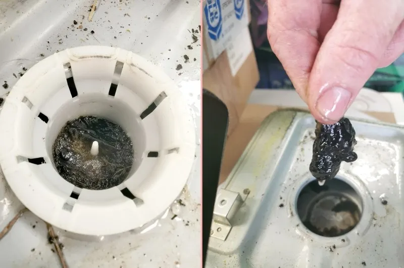 Two pictures side by side show the effects of using kerosene in a paraffin heater. The picture on the left is the circular internal filter on the inverter. It's a white filter, but there is a black, swampy looking mess in the middle. On the right a mans hand is visibile and he is holding this black mass up. It's like a dark mucus and it's shimmery looking. 